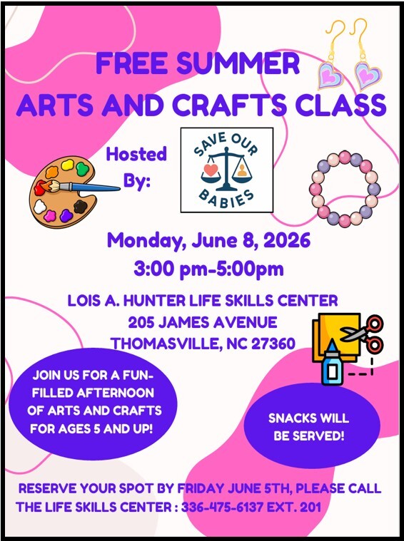 Free Arts and Crafts flyer. All information as listed below.