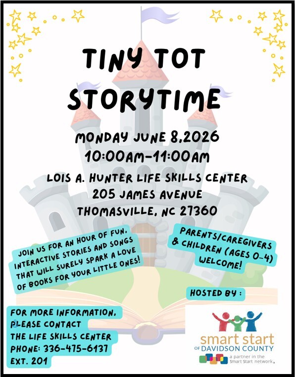 Tiny Tot Storytime flyer. All information as listed below.