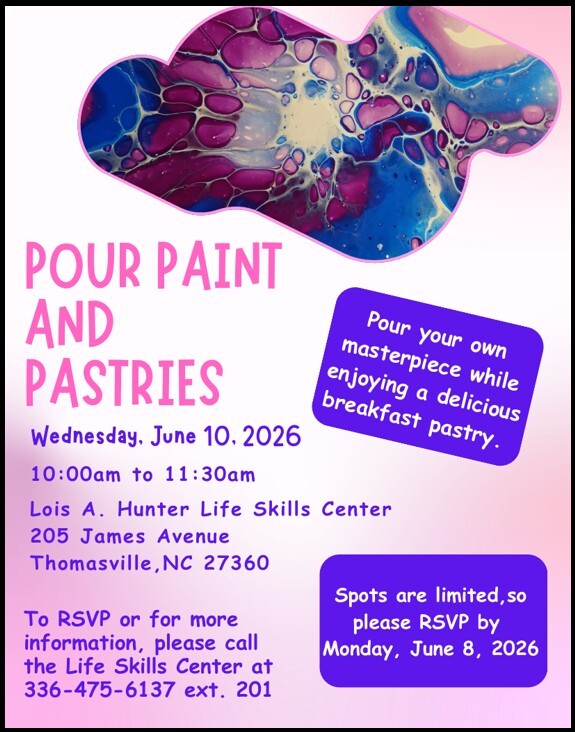 Pour Paint and Pastries flyer. All information as listed below.