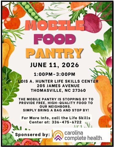 Mobile Food Pantry flyer. All information as listed below.