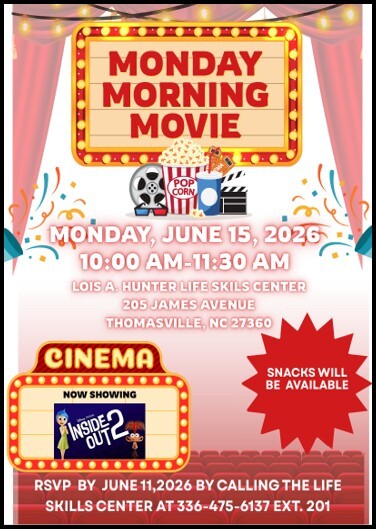 Monday Morning Movie flyer. All information as listed below.