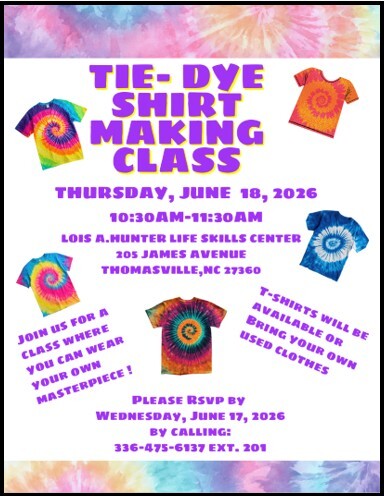 Tie-Dye shirt making class flyer. All information as listed below.