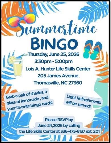 Summertime BINGO flyer. All information as listed below.
