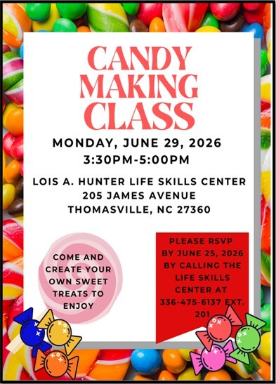 Candy Making Class flyer. All information as listed below.