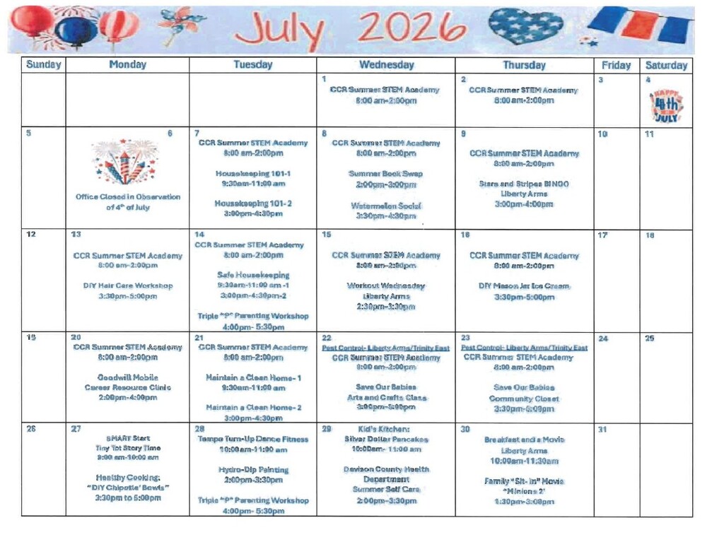 July 2026 Calendar. All information as listed below.