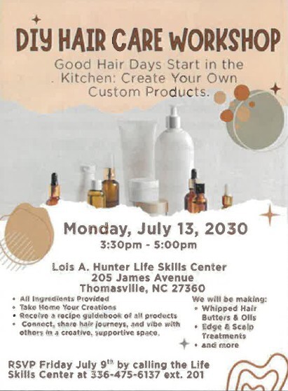 DIY Hair Care Workshop flyer All information as listed below.