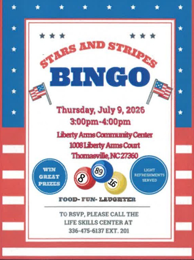 Stars and Stripes BINGO flyer. All information as listed below.