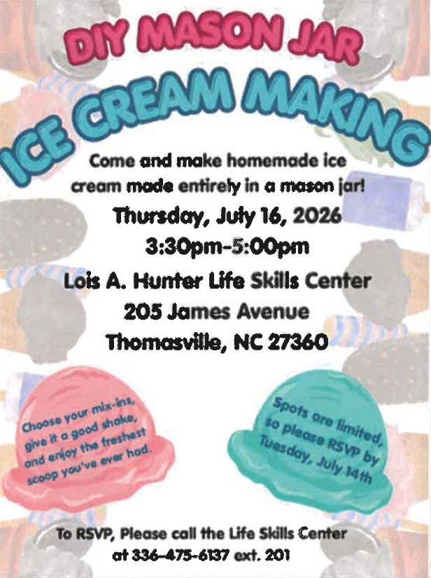 DIY Mason Jar Ice Cream Making flyer. All information as listed below.