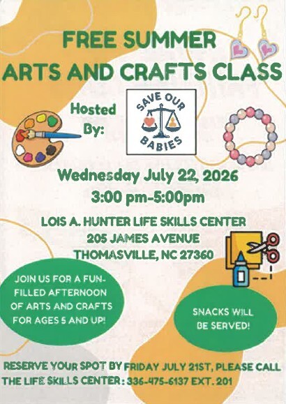 Free Summer Arts and Crafts Class flyer. All information as listed below.