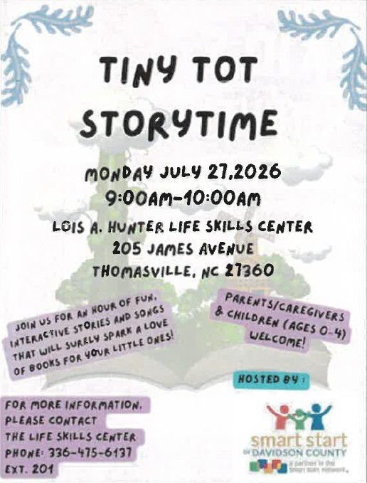 Tiny Tot Story Time flyer. All information as listed below.