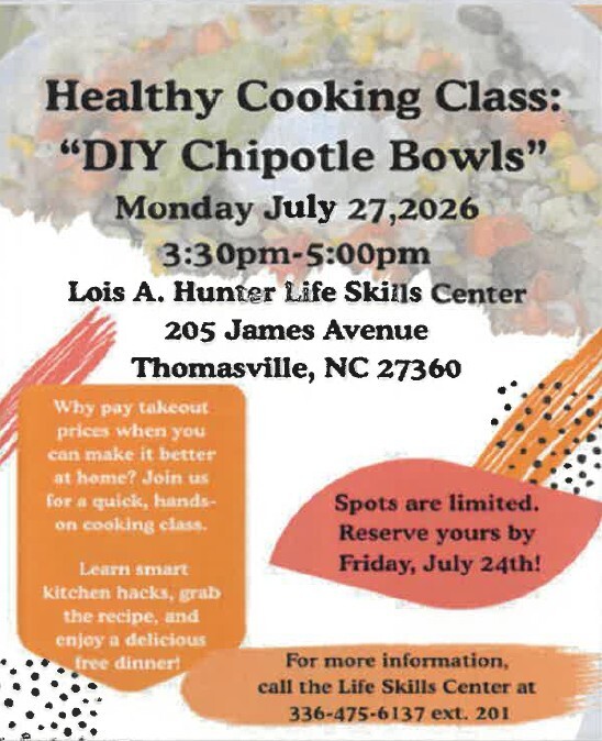 Healthy Cooking Class flyer. All information as listed below.