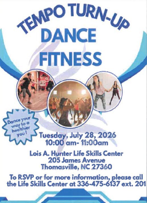 Tempo Turn-Up Dance Fitness flyer. All information as listed below.