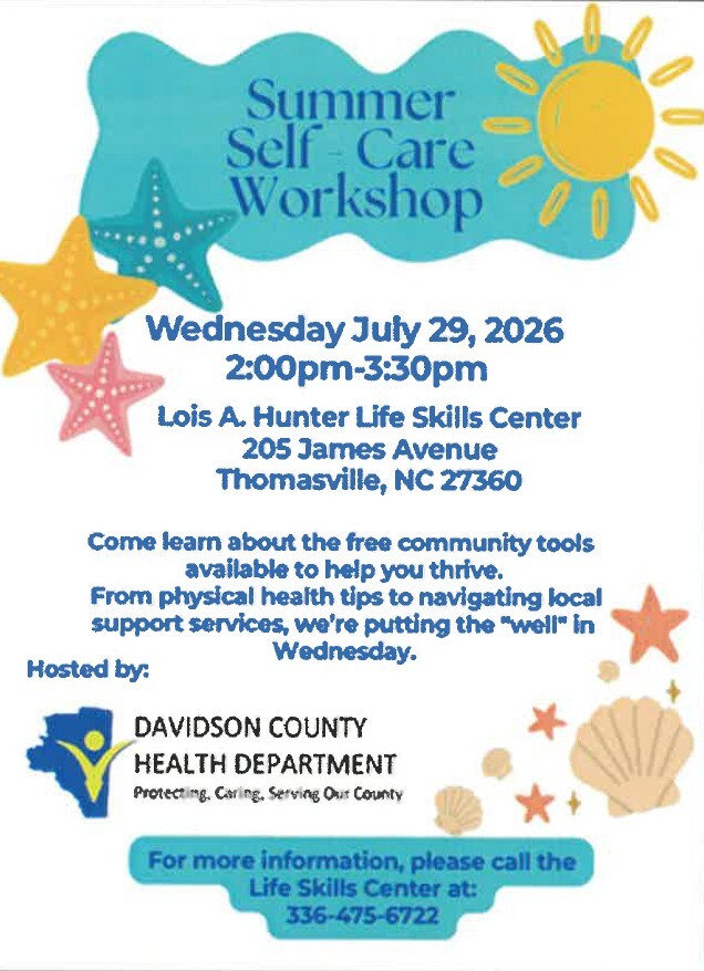 Summer Self-care workshop flyer. All information as listed below.