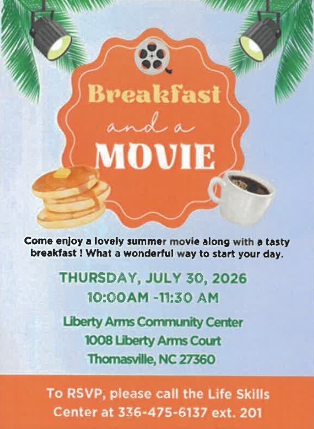 Breakfast and a Movie flyer. All information as listed below.