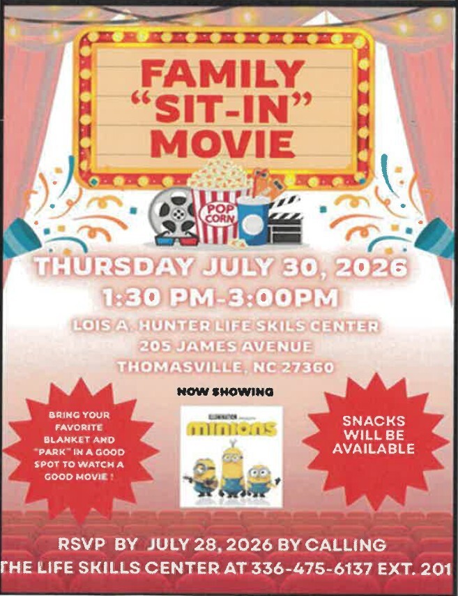 Family sit-in movie flyer. All information as listed below.