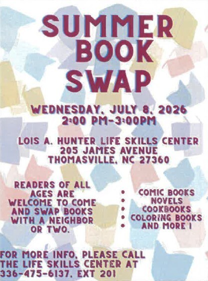 Summer Book Swap flyer. All information as listed below.