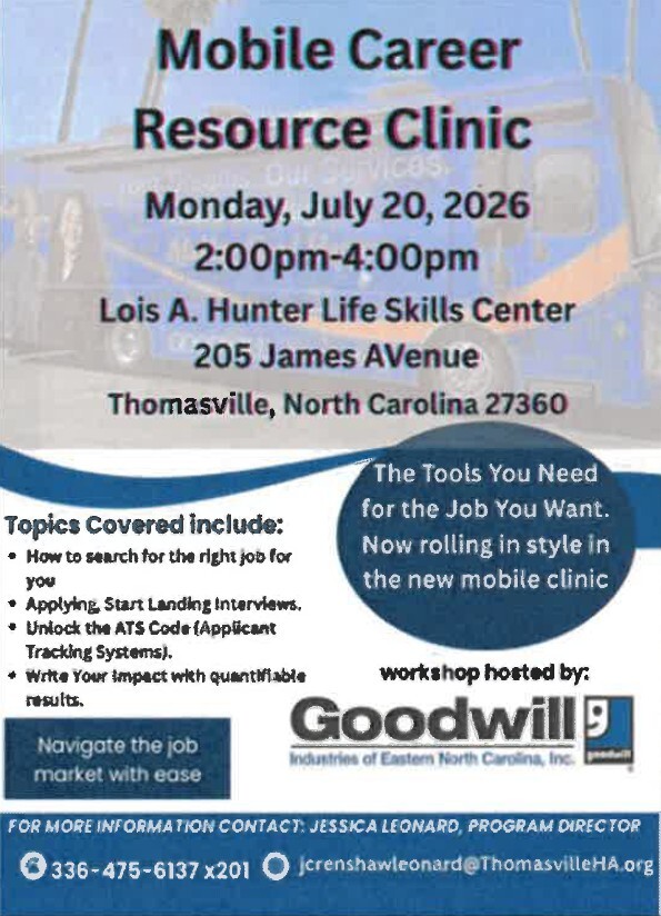 Mobile Career Resource Clinic flyer. All information as listed below.
