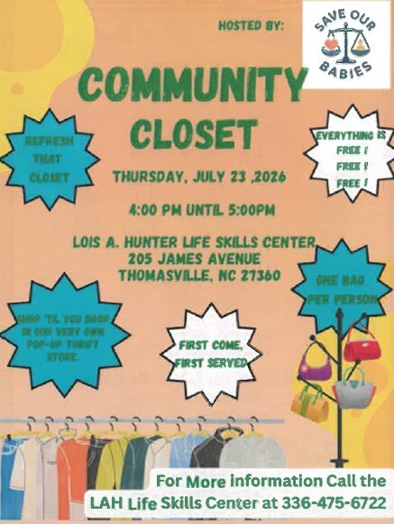 Community Closet flyer. All information as listed below.