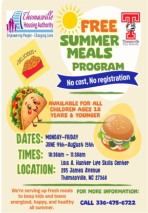Flyer for Free Summer Meals Program. All information as listed below.