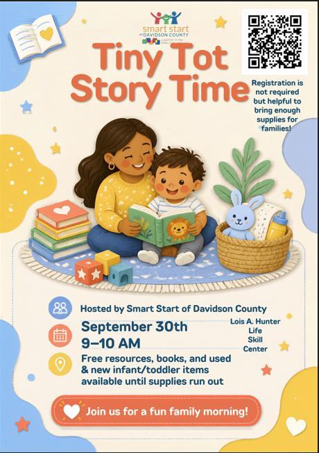 Tiny Tot Story Time flyer. All information as listed below.