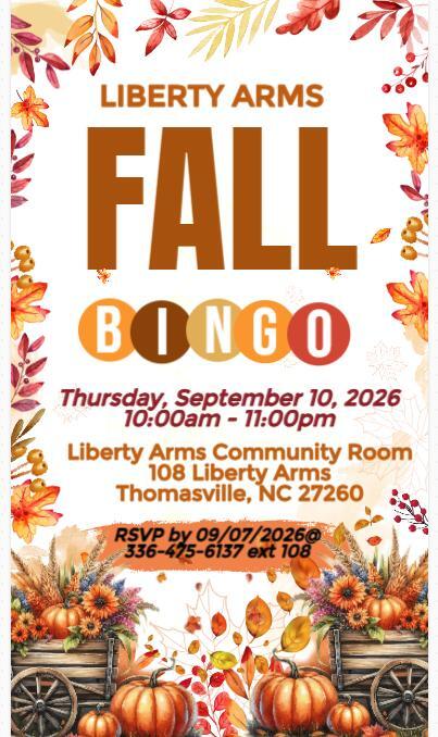 Liberty Arms Fall Bingo flyer. All information as listed below.