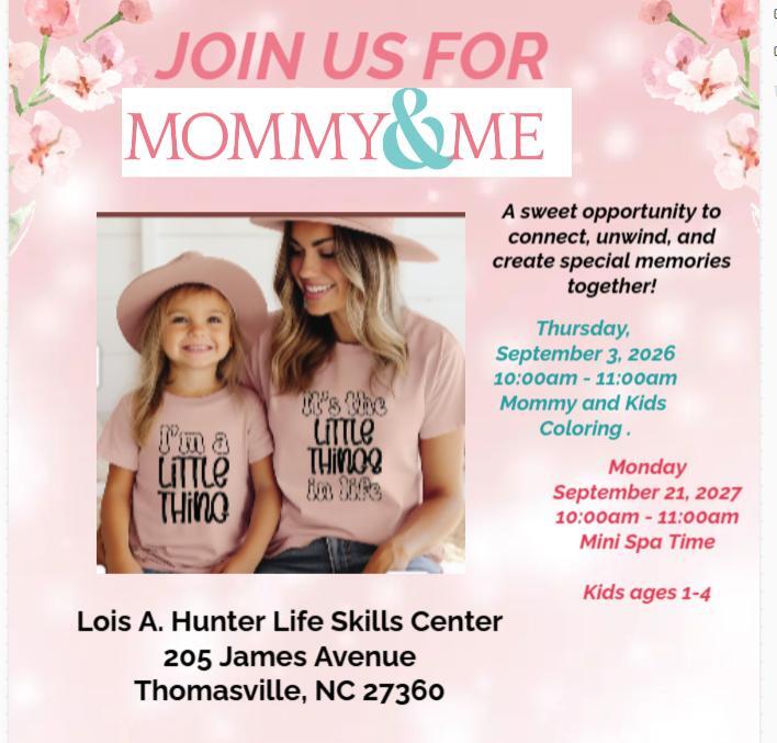 Mommy and Me flyer. All information as listed below.