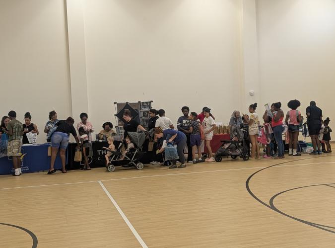 A long line of people.