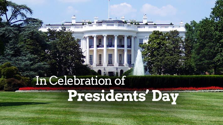 In Celebration of Presidents' Day. A fountain and a rear view of the White House make up the background.  