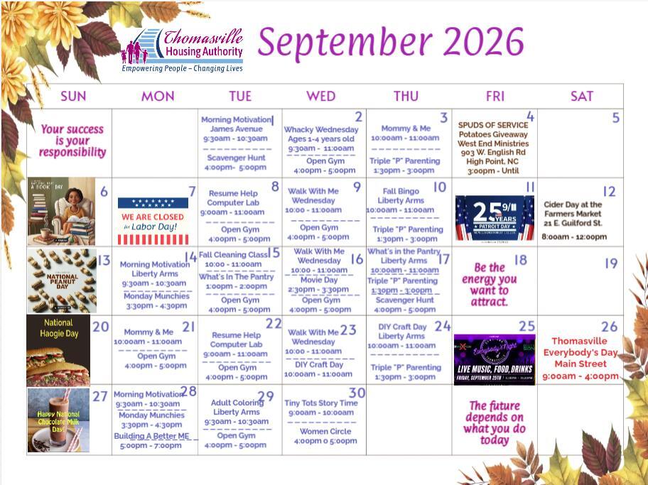 THA September 2026 Calendar. All information as listed above.