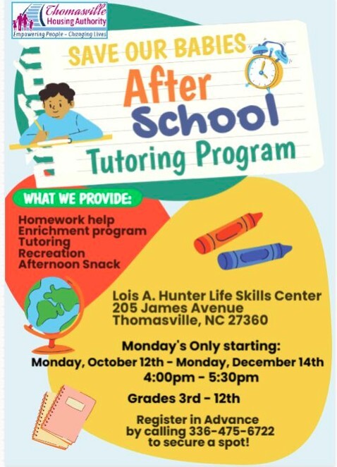 Save Our Babies After School Tutoring Program flyer. All information as listed below.